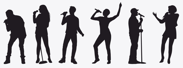 Set of singer silhouette. country music, rock stars, pop musician and hip hop rapper artist vocalists. 