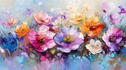  Beautiful delicate spring flowers painted with oil paints on canvas