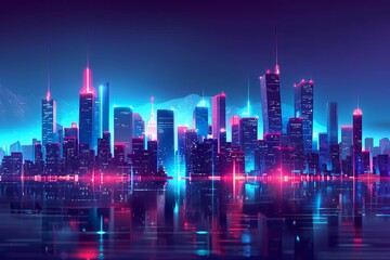 futuristic city skyline night neon cyberpunk scifi vector illustration glowing vivid metropolis vibrant modern digital 