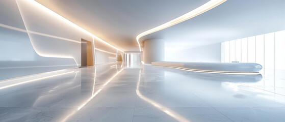 Fototapeta premium Sleek, empty showroom with clean lines and glossy surfaces.