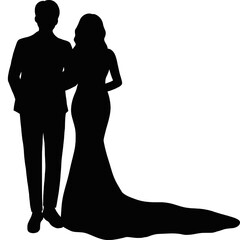 Bride and Groom in wedding dress, wedding couple, prince and princess silhouettes vector, pretty bridesmaids, wedding card
