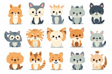 A collection of cute cartoon animal illustrations arranged in a grid pattern on a white background. Various animals with adorable expressions.