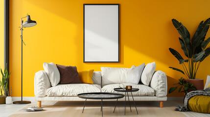 Yellow walls. Frame mockup, ISO A paper size, modern bedroom. Generative AI