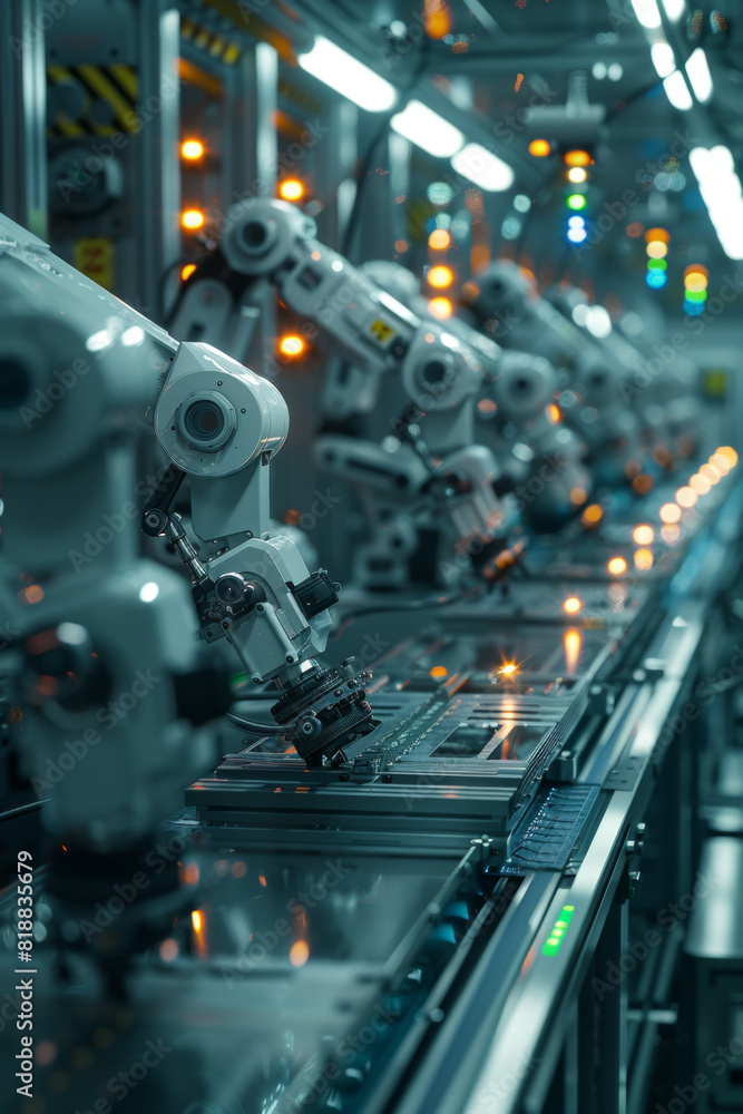 Poster efficient industrial automation with robotics assembling products swiftly on a production line.