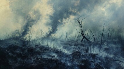 Charred landscape with smoke rising from burnt trees and vegetation - Powered by Adobe