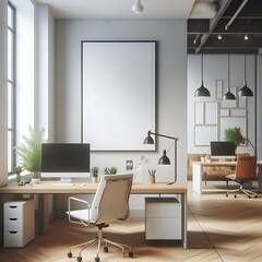 A office room with a mockup poster empty white and with a desk and computer in office realistic image lively card design meaning.