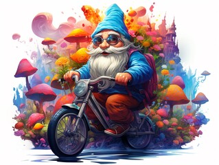 Naklejka premium A gnome on a bicycle in a retro 80s setting, with neon colors and geometric patterns, Watercolor, Pop art, Bold and vibrant