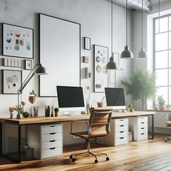 A office room with a mockup poster empty white and with a desk and computer in office realistic image lively attractive meaning.