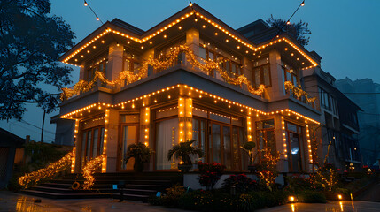 A night scene of a house decorated with strings of colorful Diwali lights