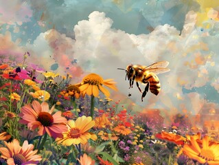 Buzzing Bee Amidst Vibrant Floral Field in Enchanting Natural Harmony