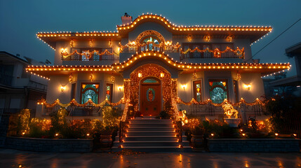A night scene of a house decorated with strings of colorful Diwali lights