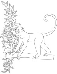 Monkey and A Floral Vine Coloring Page. Printable Coloring Worksheet for Adults and Kids. Educational Resources for School and Preschool.