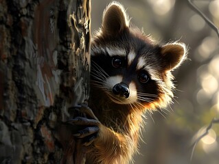 Curious Raccoon Peeking Out from Behind Textured Tree Trunk in Woodland