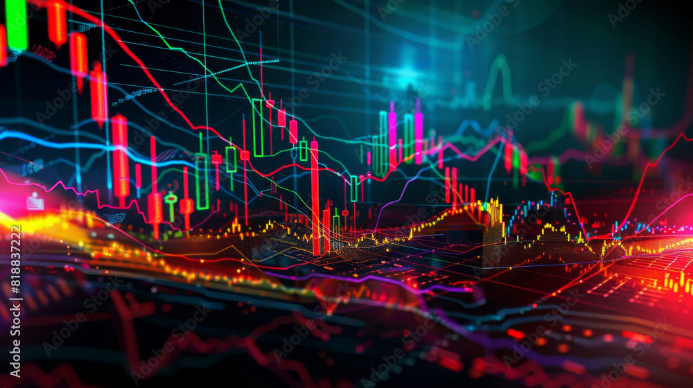 Poster abstract representation of financial data visualization featuring candlestick charts and glowing lin