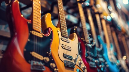 A variety of electric guitars hanging on display, showcasing different colors and styles for musicians in a shop