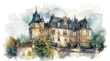 Obraz premium Beautiful stock illustration with watercolor hand drawn castle palace mansion old European building