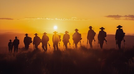 Fototapeta premium A group of cowboys walking in the sunset.