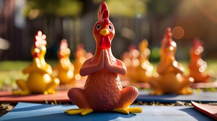 Fototapeta premium Rubber Chicken Leading a Yoga Class with Humorous and Vibrant Imagery