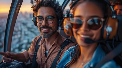 Couple in a helicopter with a city view.