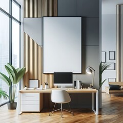 A Room with a mockup poster empty white and with a computer and a large picture frame art used for printing art attractive lively.