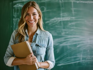 A smiling woman holding a book in front of a chalkboard.