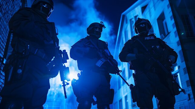 Tactical Law Enforcement Team Conducting Covert Urban Raid in the Dead of Night