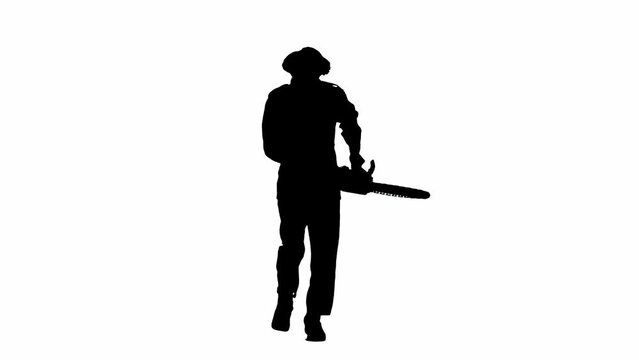Black silhouette of male maniac in overalls running with chainsaw in hand. Unrecognizable man with curly hair on white isolated background.