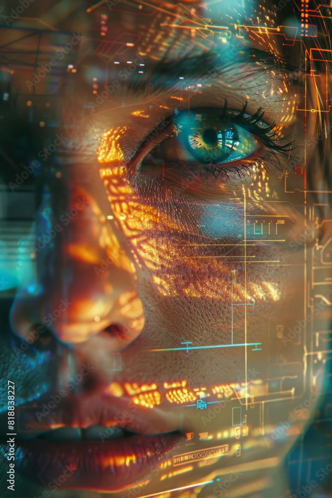 Poster security software scans face for facial recognition, verifying identity against secure database.