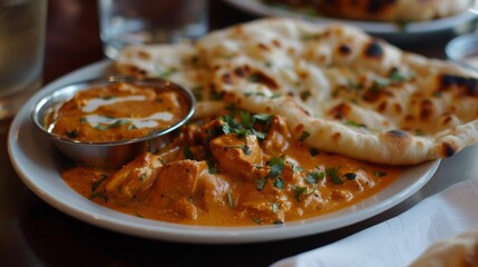 Close-up of a delicious plate of butter chicken with naan bread on the side