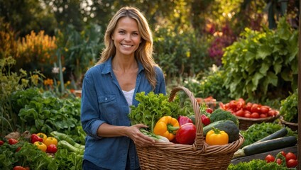 woman holding basket of vegetables