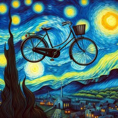 Painting of a Bicycle floating above the ground. at starry night