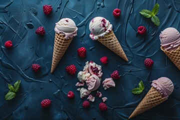 Dark background, three ice cream cones with broken pieces of dark pink and red fruit gelato on top, surrounded by fresh berries like blueberries or blackberries, mint leaves for decoration, top view