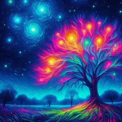 A Trees glowing with vibrant, neon colors at starry night Generative AI 