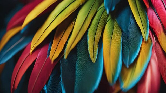 Colorful parrot feathers, A close-up of a vibrant, multi-colored parrot feather