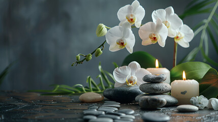 Zen stones with candles and white orchid flowers on green and gray background,  - Massage and Spa Concept