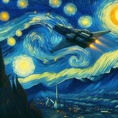 A spaceship flying across the sky in starry night Generative AI