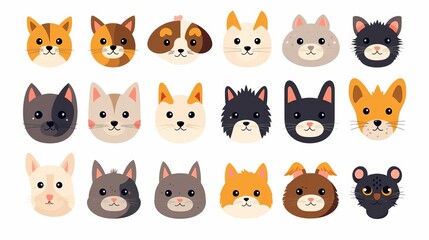 A collection of cute cartoon animal faces, showcasing various breeds of cats, dogs, and other pets, perfect for any design project.