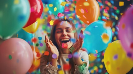 A joyful woman is captured mid-celebration, surrounded by colorful balloons and a shower of confetti, conveying a mood of festivity and happiness