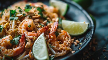 Close-up of a delicious plate of pad thai with shrimp, lime wedges, and crushed peanuts