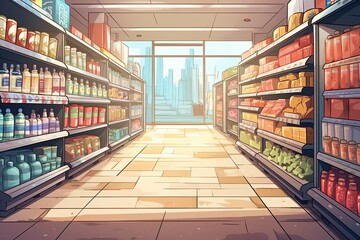 Bright and well-stocked aisle in a grocery store, showcasing various products on shelves with a cityscape view through the glass doors.