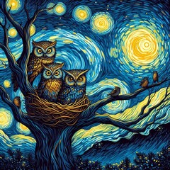 Painting of A family of owls nesting in a tree at  starry night Generative AI