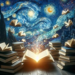  Painting of a Books with glowing pages drifting in the air. at starry night