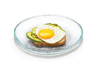 Toast thick cut sourdough with a sunny side egg and avocado slices on a transparent