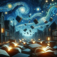  Painting of a Books with glowing pages drifting in the air. at starry night