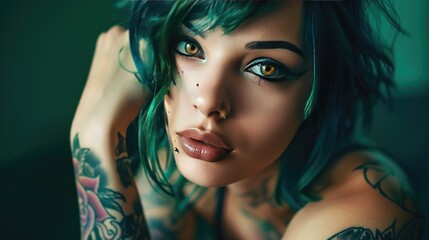 Fototapeta premium Beautiful young woman with striking green hair and tattoos