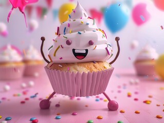 Smiling Cupcake Wrapper Dancing Merrily at a Festive Birthday Party