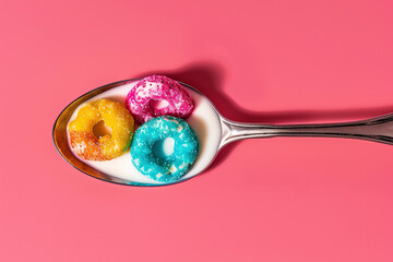 minimalist photograph of colorful fruit loops cereal in milk on spoon, pink background