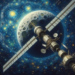 Painting of A space station orbiting close to the moon.at starry night Generative AI