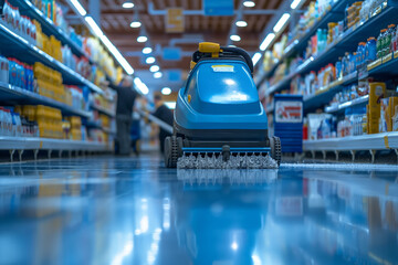 Image of a worker using a commercial floor cleaning machine in a supermarket. Tell about professional cleaning services This ensures that the store is clean for customers.