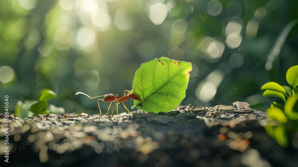 Poster close-up of a single ant carrying a leaf in a natural setting